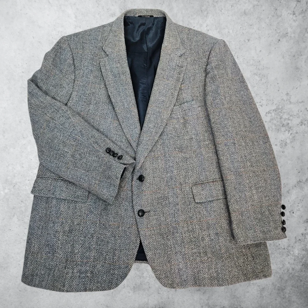 Oakton Ltd Mens Grey Herringbone Wool 52B Blazer Sport Coat Vintage 100% Wool